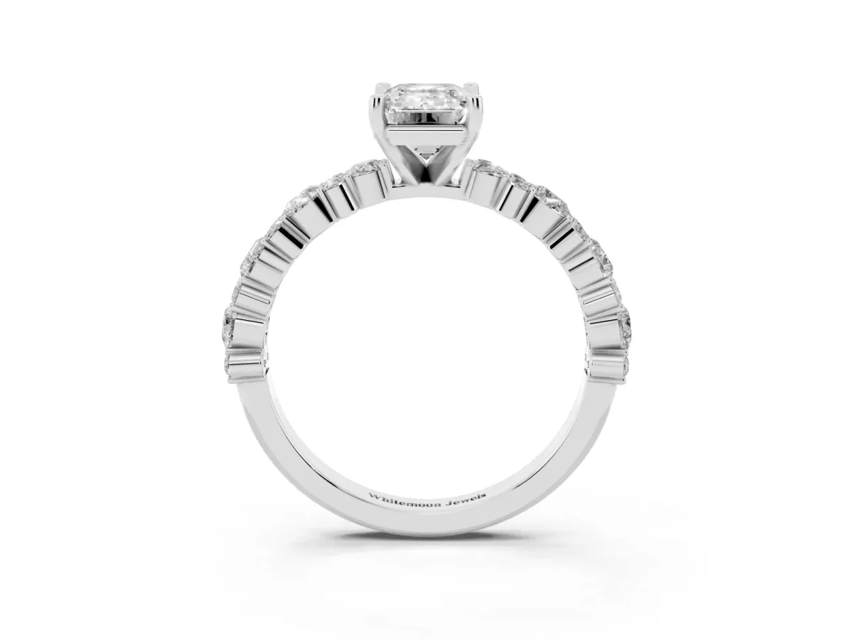 Emerald Cut Diamond Side Stone Solitaire Ring with Round and Four-Prong Setting Silver