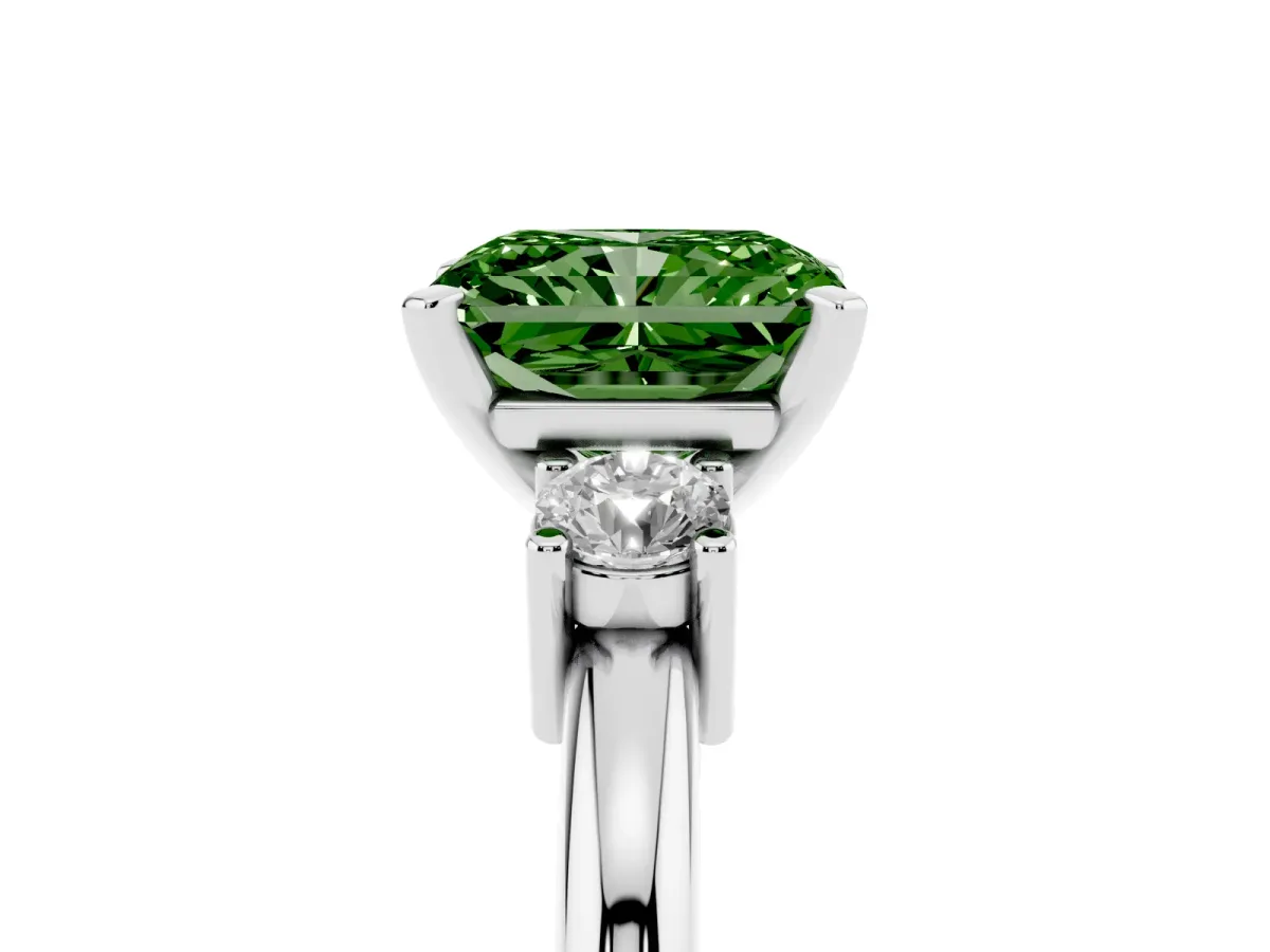 Fancy Green Three-Stone Radiant Cut Cut Diamond Solitaire with Prong Setting and Classic Band Platinum