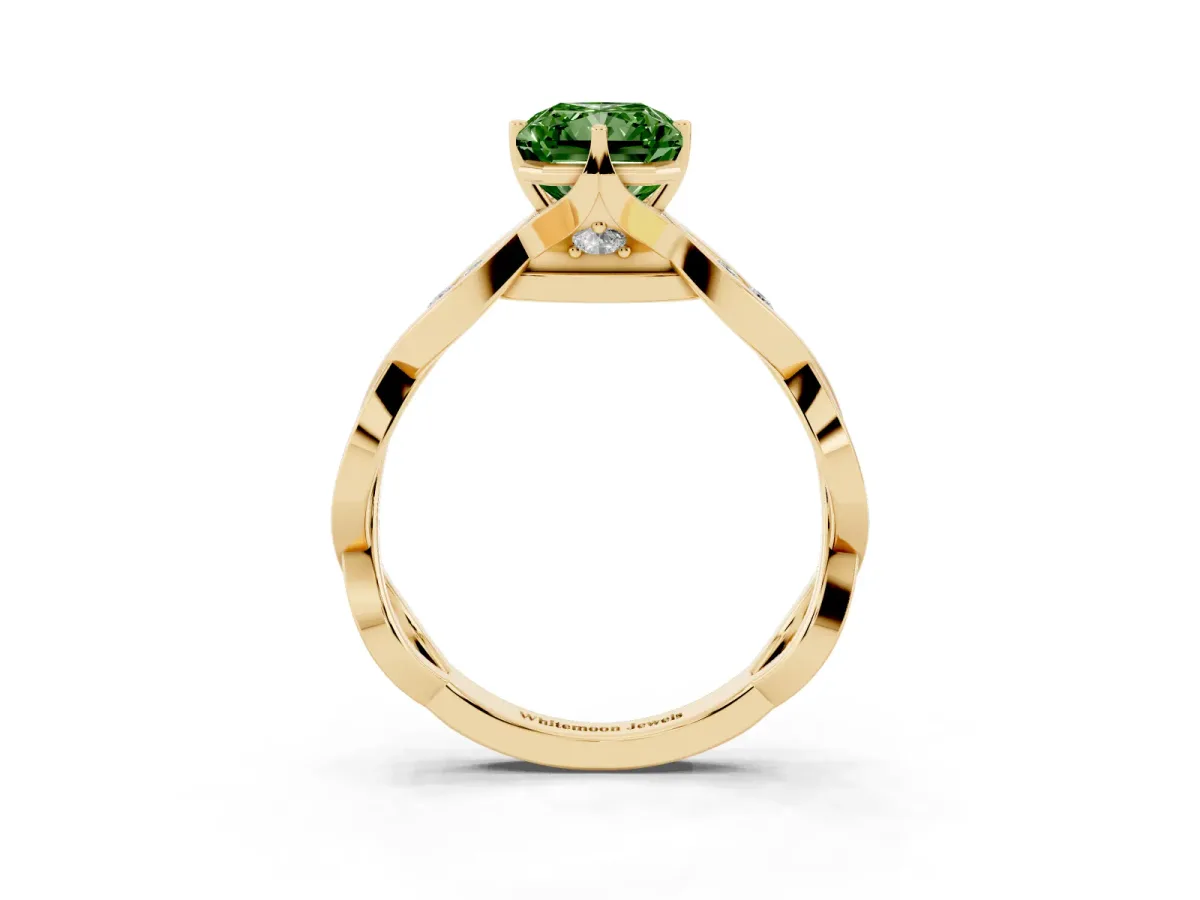 Fancy Green Radiant Cut Solitaire Twist Band with Leaf Prong Setting Yellow gold