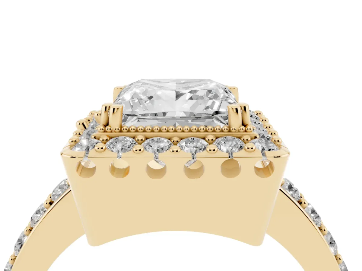 Princess Cut Diamond Halo Ring with Pavé Band and Prong Setting Yellow gold