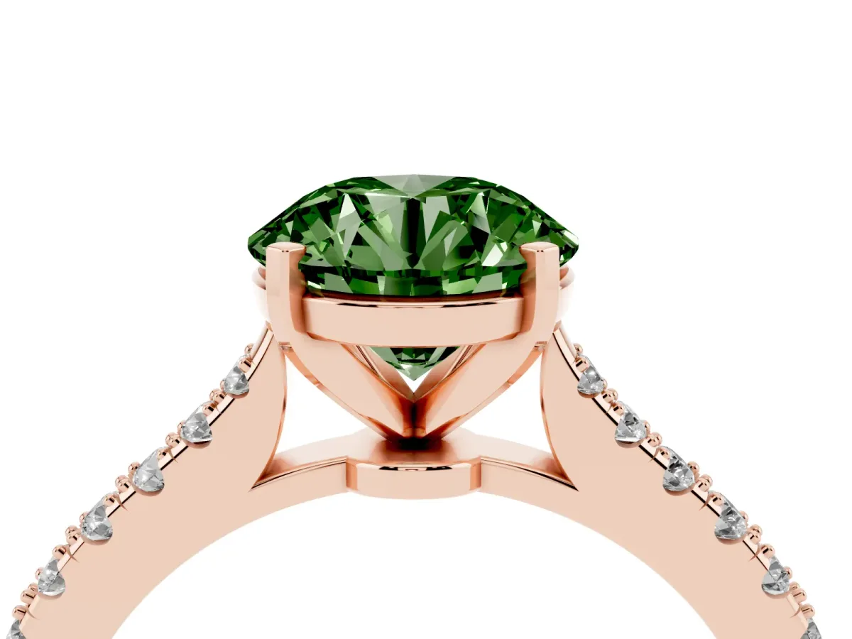 Fancy Green Round Cut Cut Solitaire Diamond Engagement Ring with Pave Band and Four-Prong Setting Rose gold