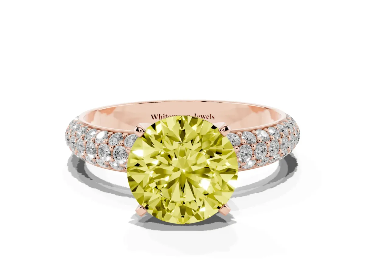 Fancy Yellow Round Cut Diamond Solitaire Ring with Prong Setting and Pavé Band Rose gold