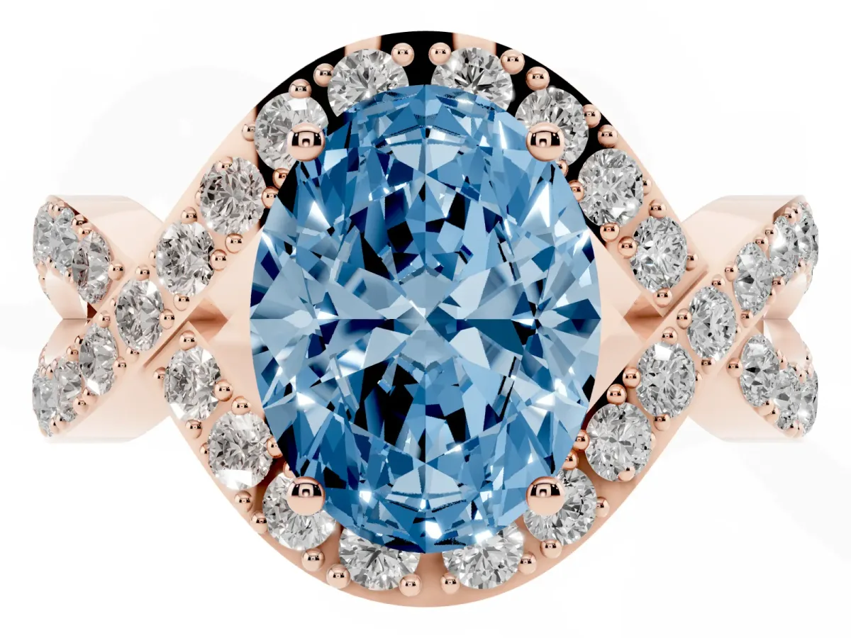 Fancy Blue Oval Cut Solitaire Twist Band Pavé Diamond Engagement Ring Rose gold