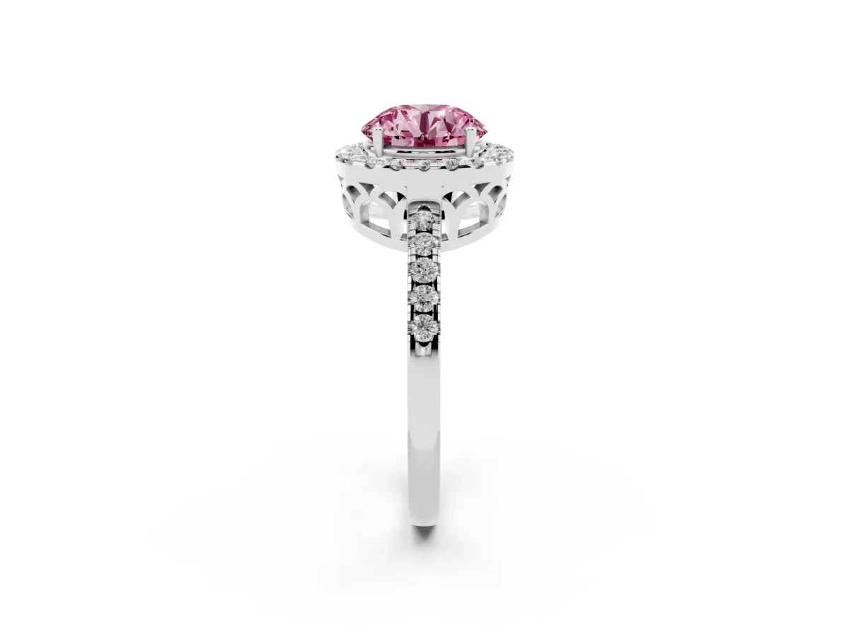 Fancy Pink Round Cut Halo Diamond Engagement Ring with Pavé Band and Four-Prong Setting Platinum