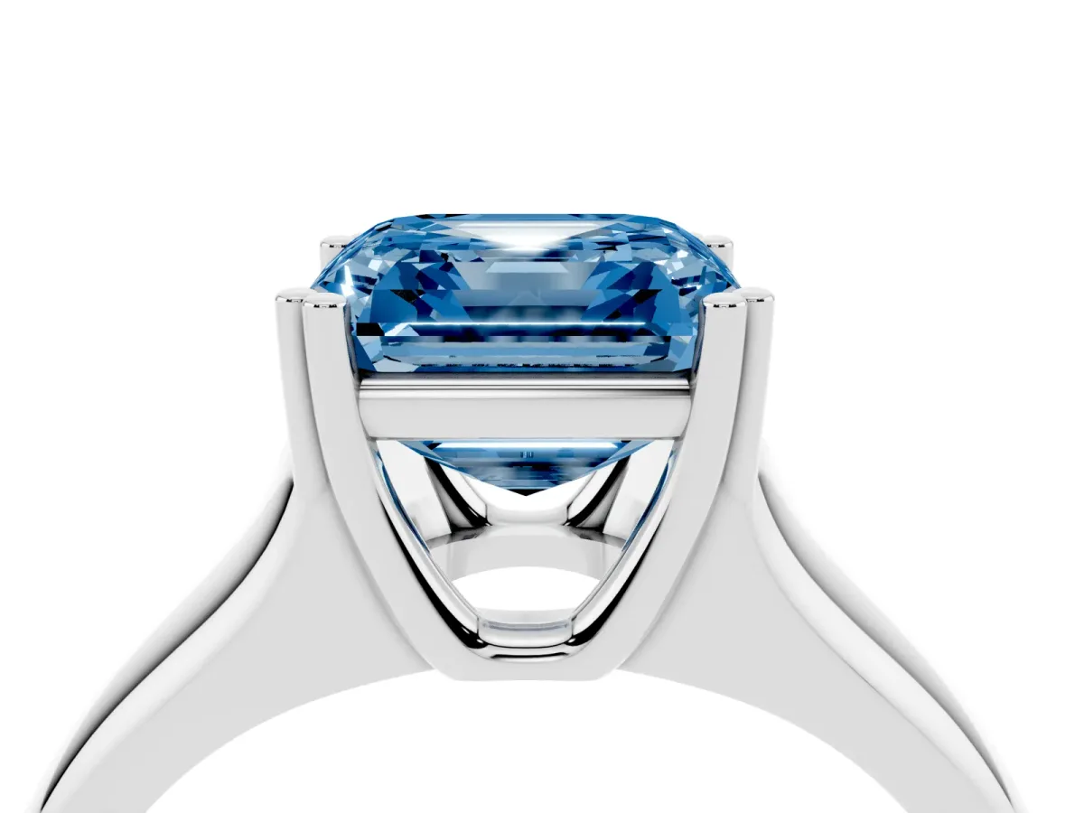 Fancy Blue Asscher Cut Diamond Solitaire Ring with Wide Band and Prong Setting Silver