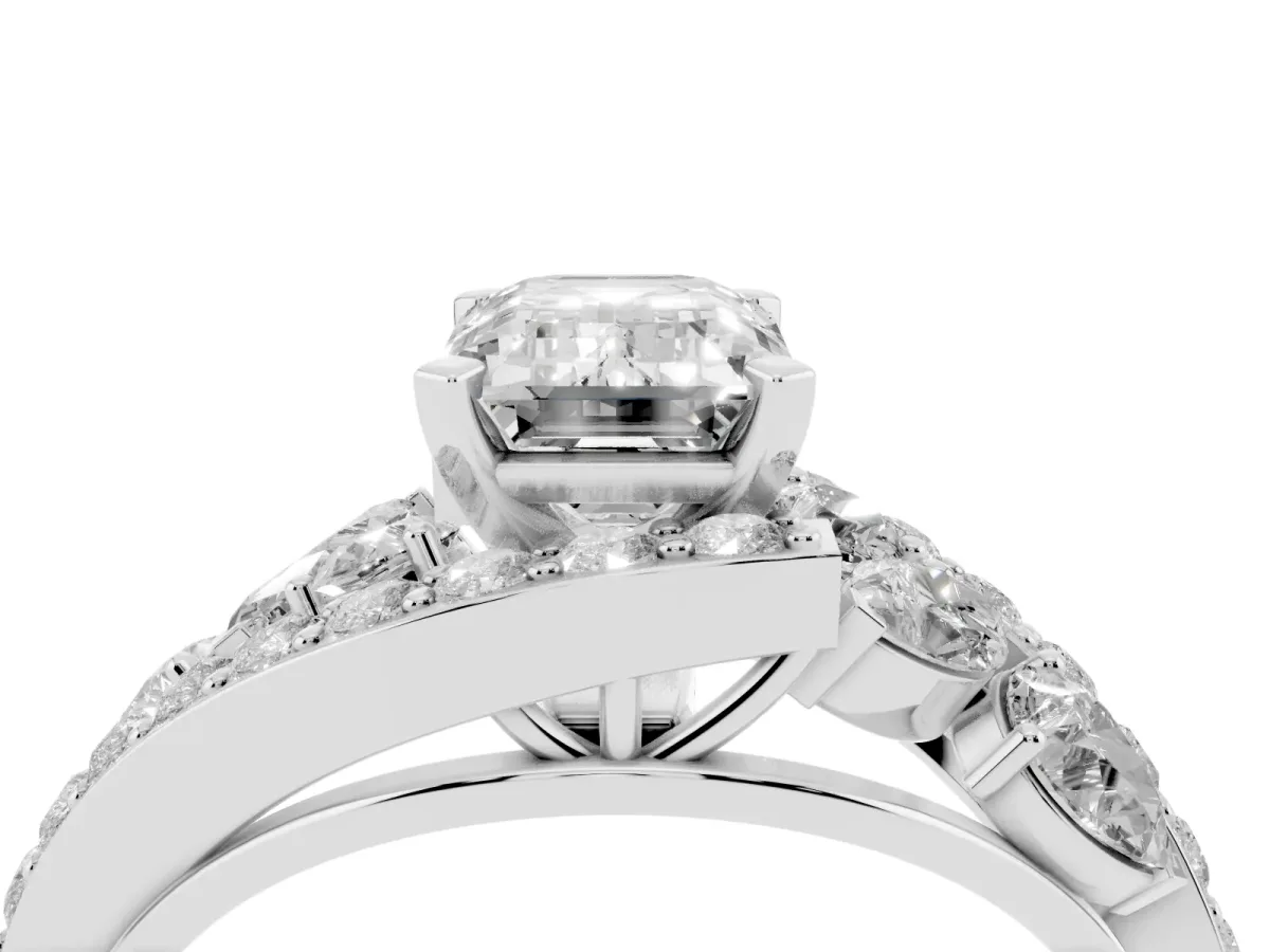 Emerald Cut Diamond Halo Ring with Marquise and Pavé Band in Prong Setting Platinum
