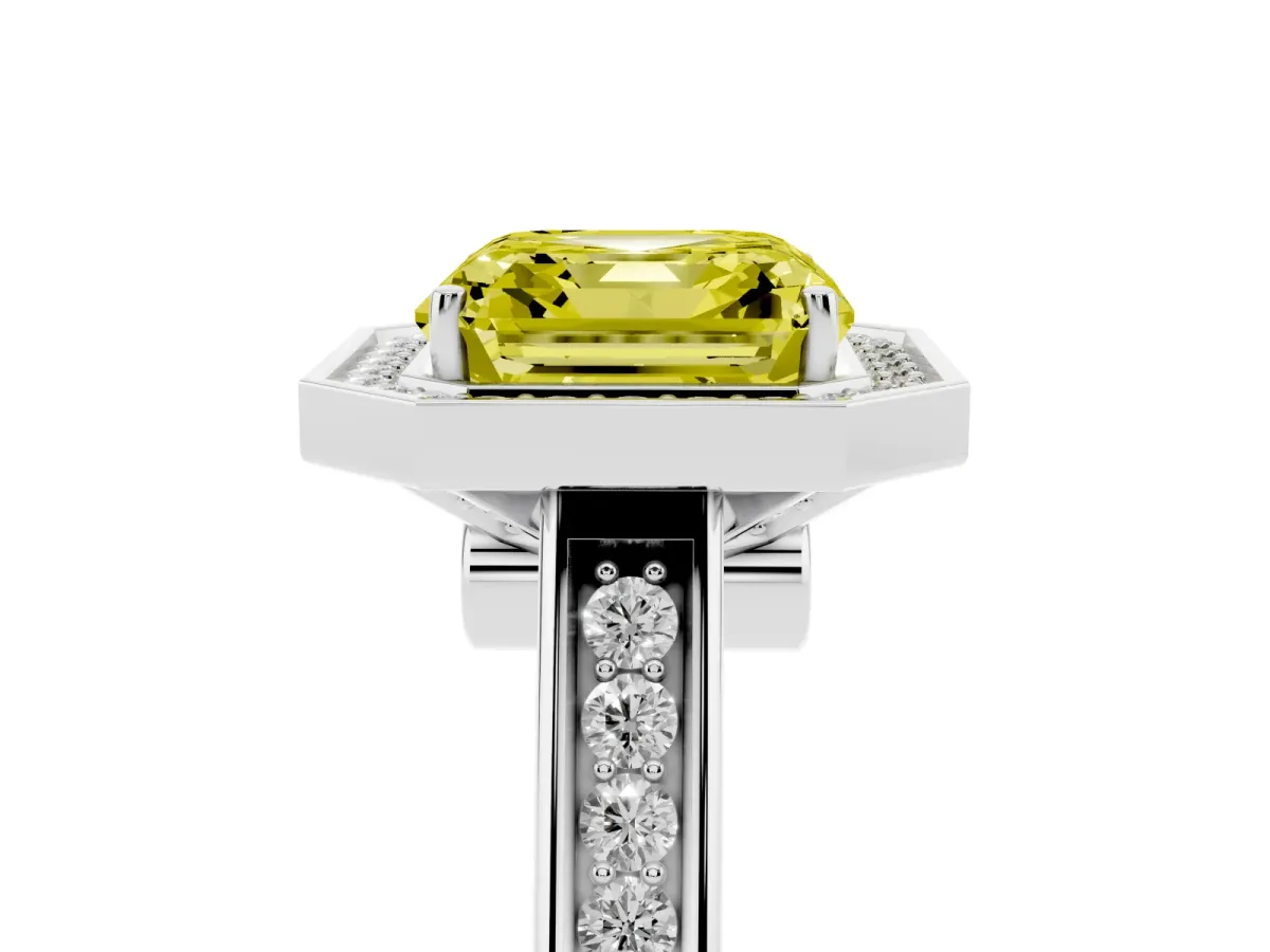 Fancy Yellow Asscher Cut Halo Solitaire Diamond Ring with Pave Band and Bezel Setting Silver