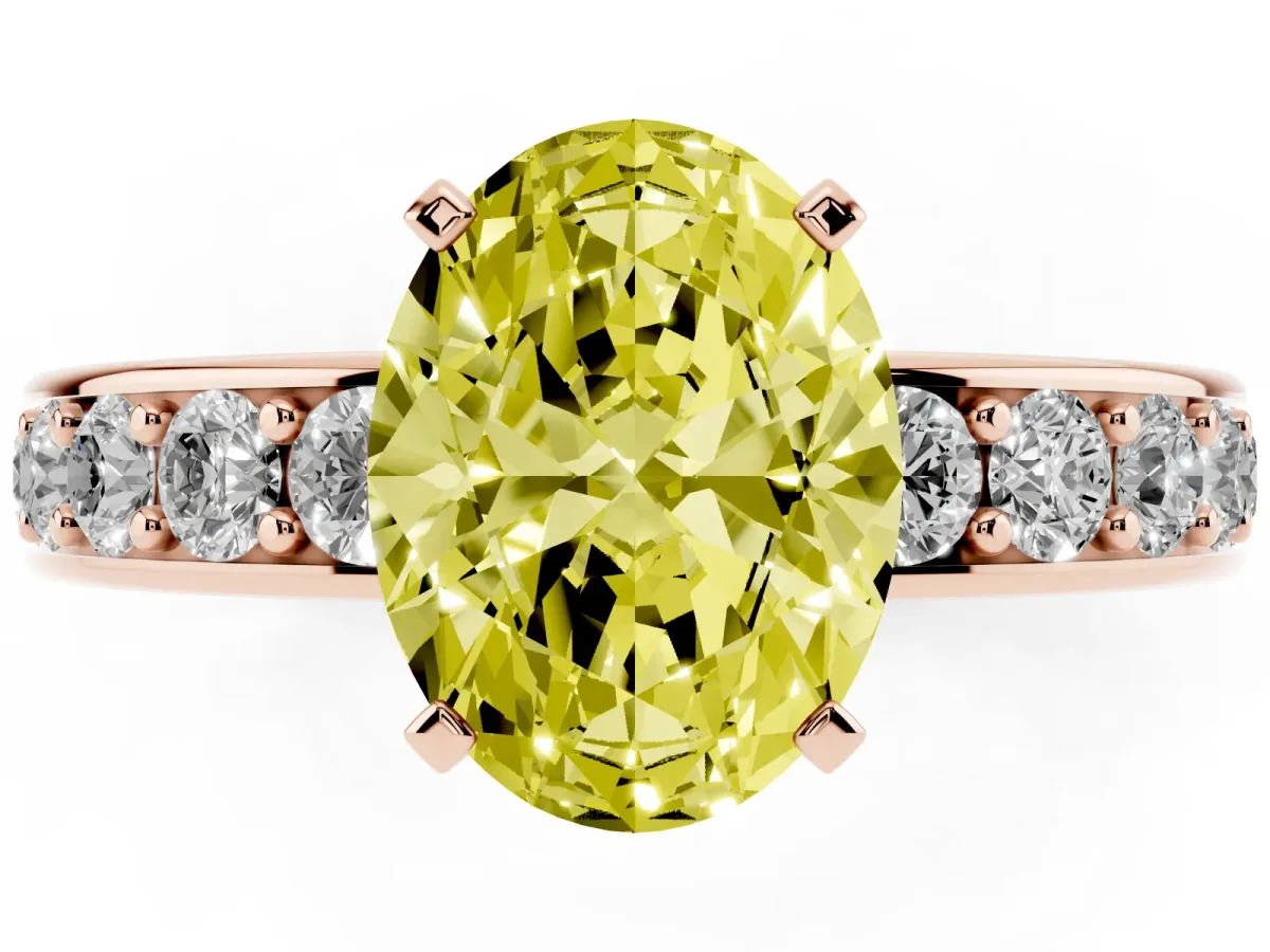 Fancy Yellow Oval Cut Diamond Engagement Ring with Channel Set Round Band and Prong Setting Rose gold