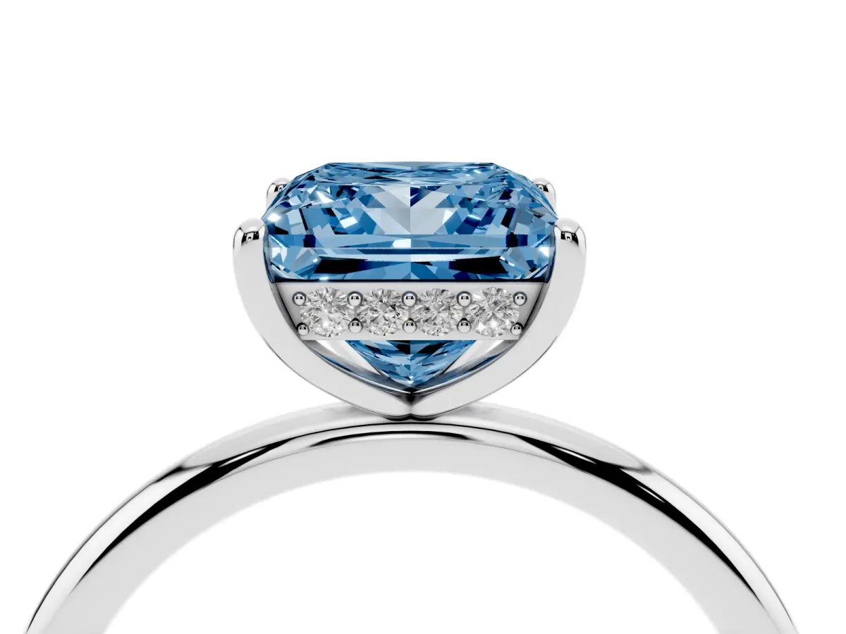 Fancy Blue Princess Cut Solitaire Diamond Ring with a Classic Band and Four-Prong Setting Silver