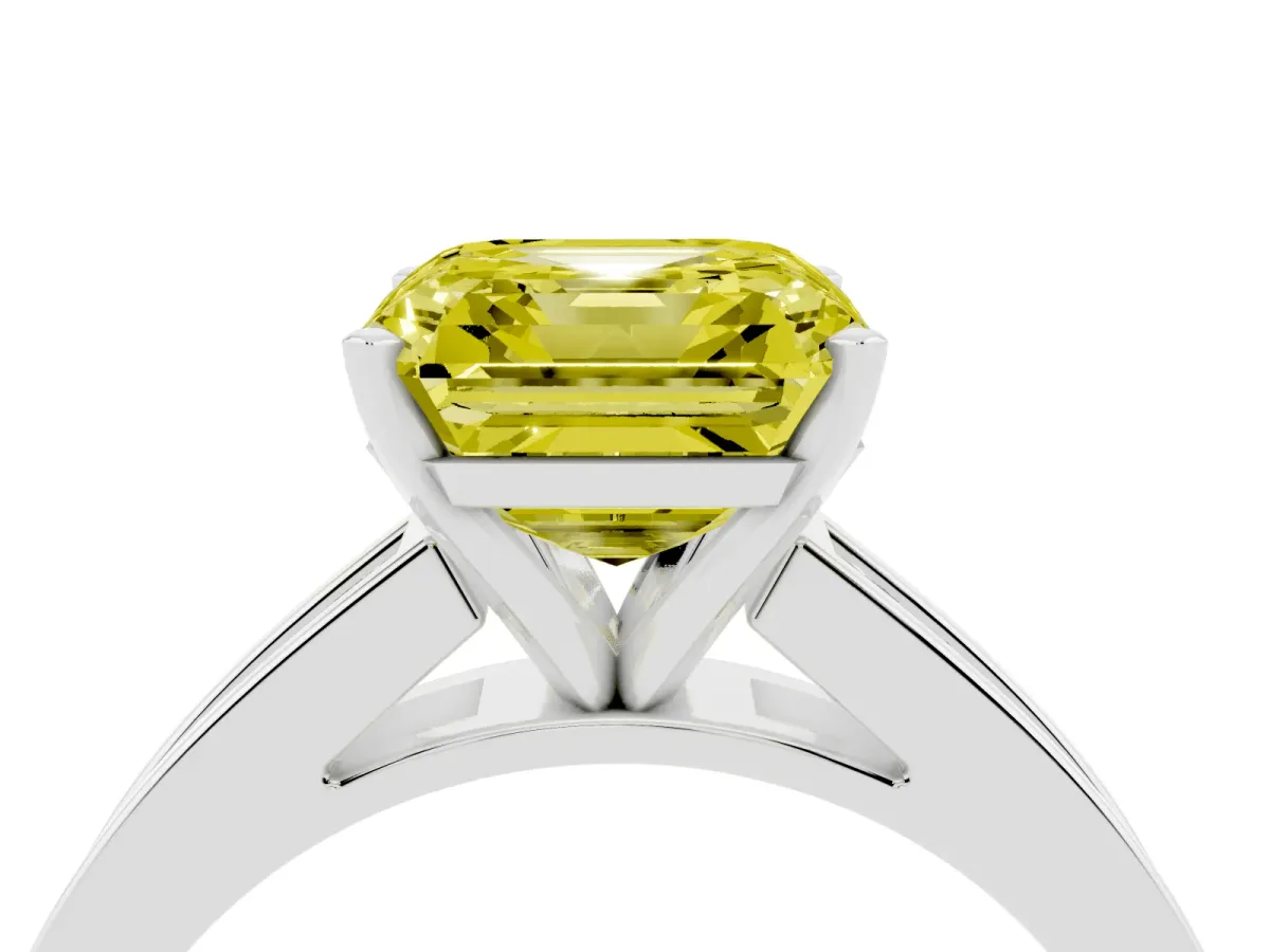 Fancy Yellow Asscher Cut Solitaire Diamond Ring with Channel-Set Band and Four-Prong Setting Silver