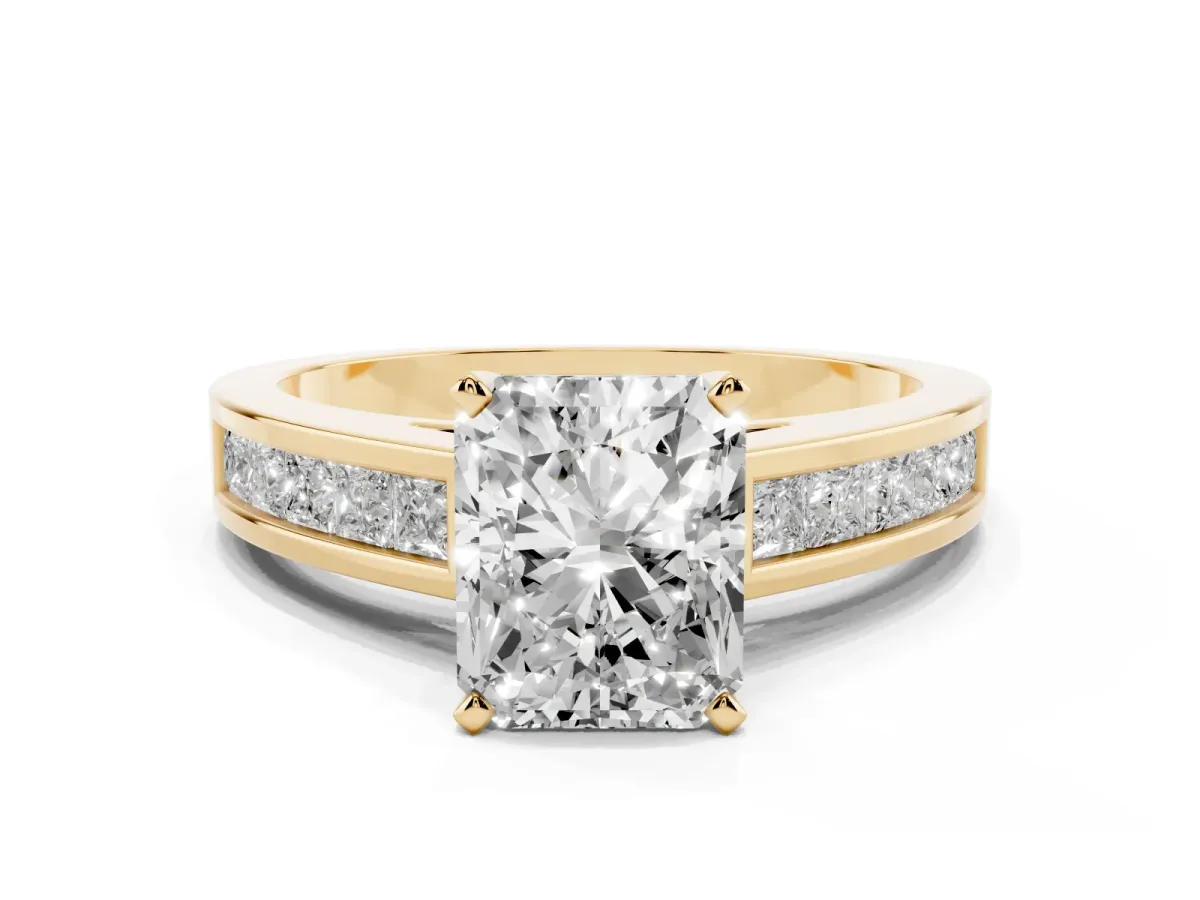 Radiant Cut Solitaire Diamond Ring with Channel-Set Band and Four-Prong Setting Yellow gold