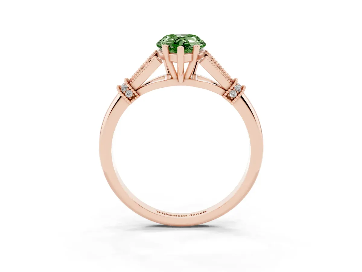 Fancy Green Pear Cut Diamond Solitaire Ring with Floral Filigree and Pave Accents Rose gold
