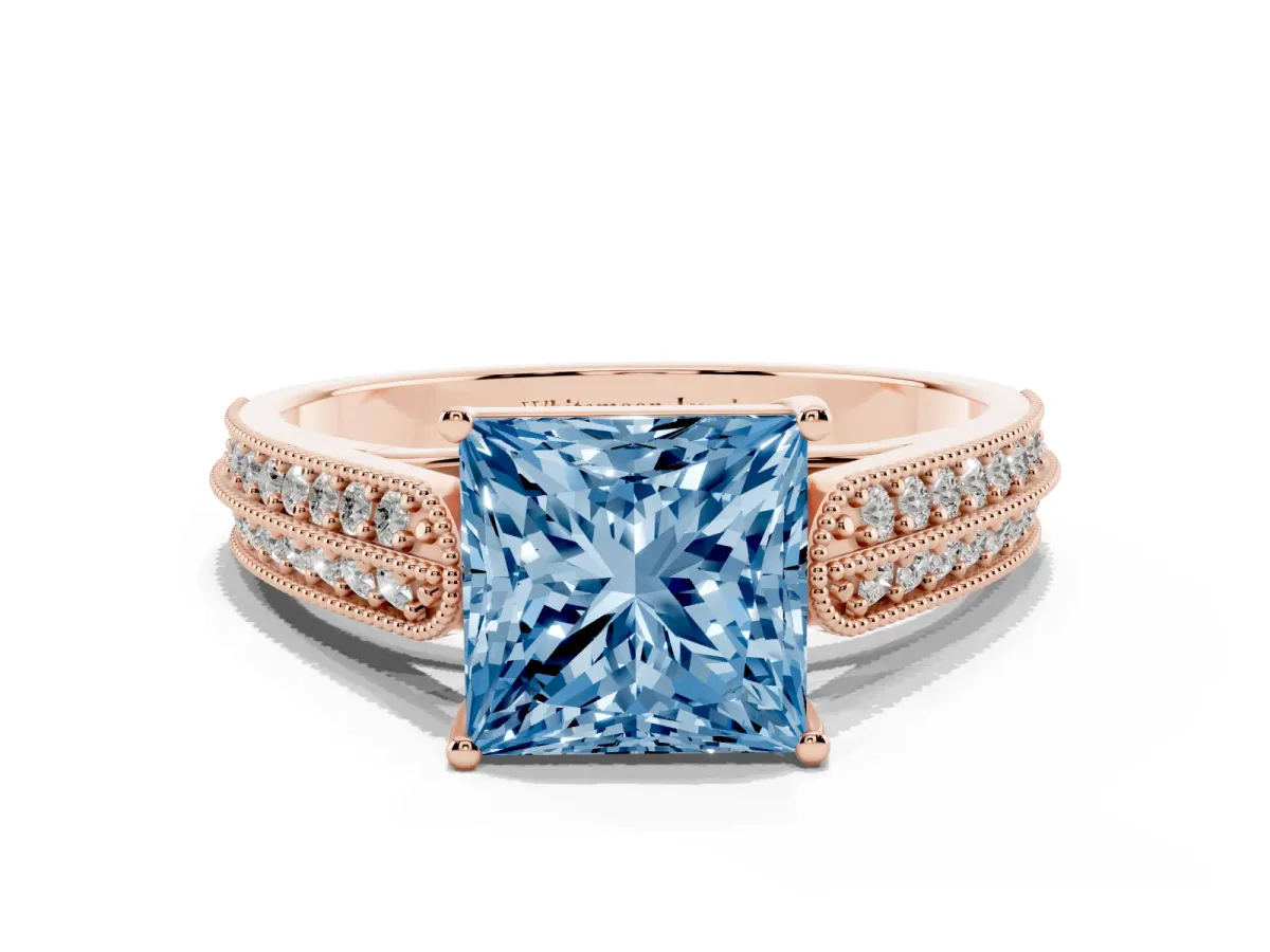 Fancy Blue Princess Cut Cut Pave Split Shank Engagement Ring with Four-Prong Setting Rose gold