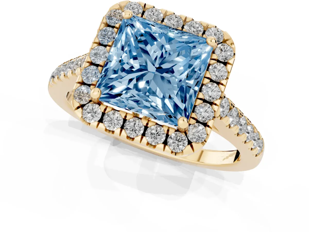 Fancy Blue Princess Cut Halo Pavé Diamond Engagement Ring with Four-Prong Setting Yellow gold