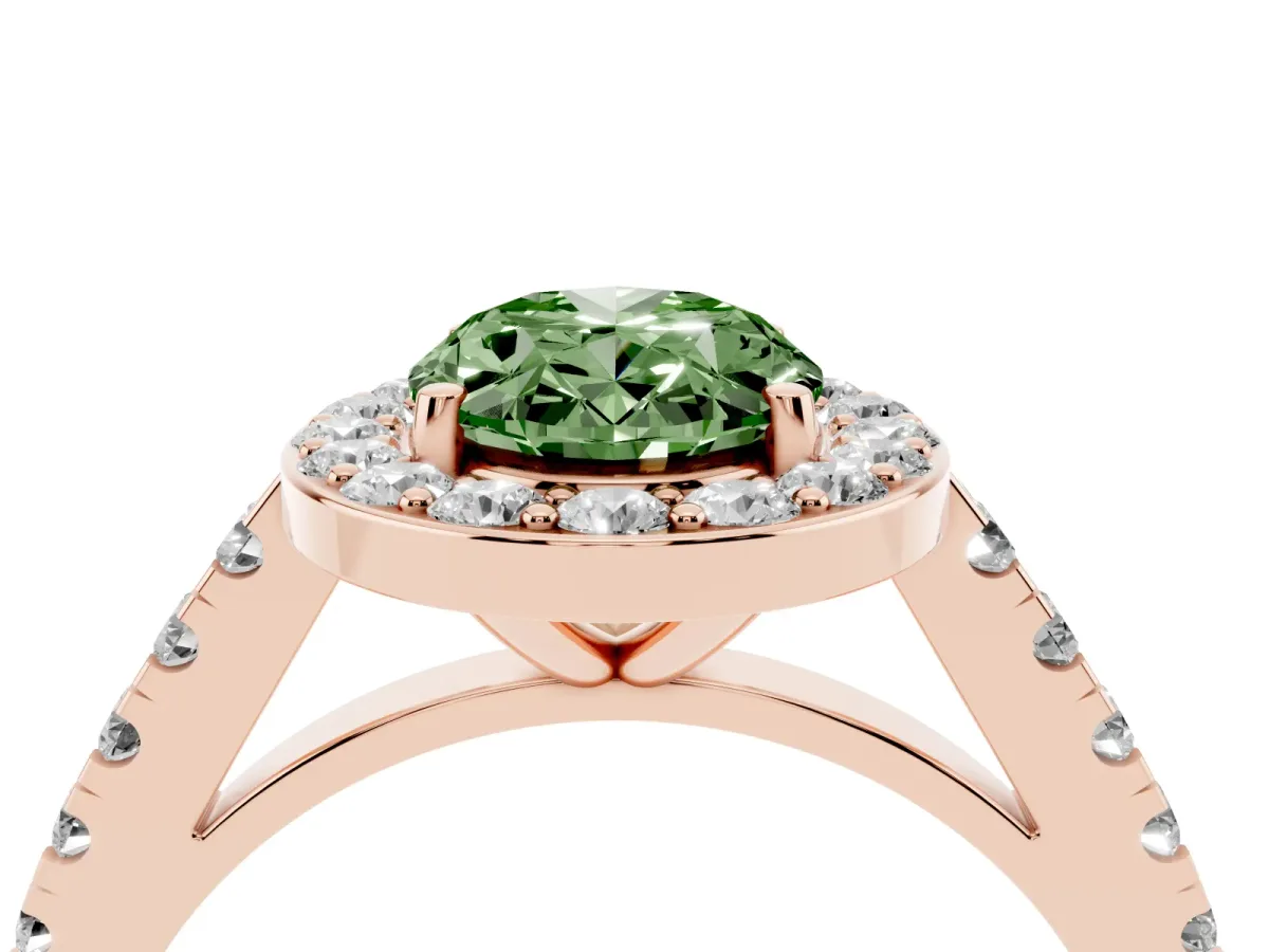 Fancy Green Oval Cut Diamond Halo Ring with Round Pavé Split Shank and Prong Setting Rose gold