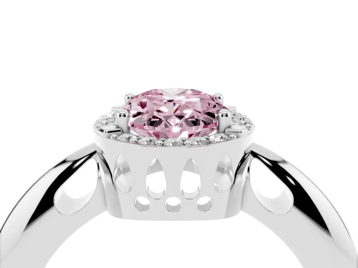 Fancy Pink Oval Cut Cut Diamond Halo Engagement Ring with Split Shank and Four-Prong Setting Silver