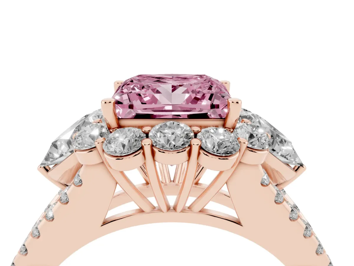 Fancy Pink Princess Cut Halo Split Shank Diamond Engagement Ring with Prong Setting Rose gold