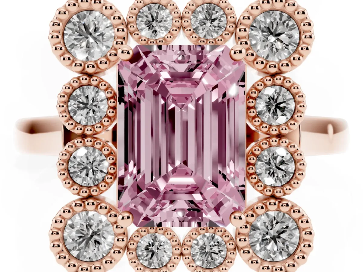 Fancy Pink Emerald Cut Halo Diamond Cluster Engagement Ring with Milgrain Bezel Setting and Solitaire Band Rose gold