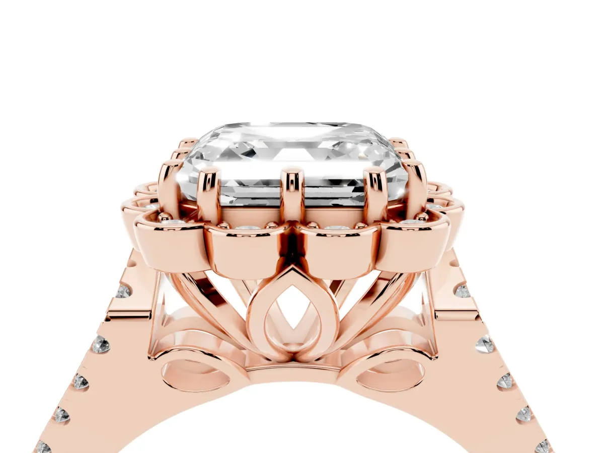 Asscher Cut Halo Diamond Floral Split Shank Engagement Ring Rose gold