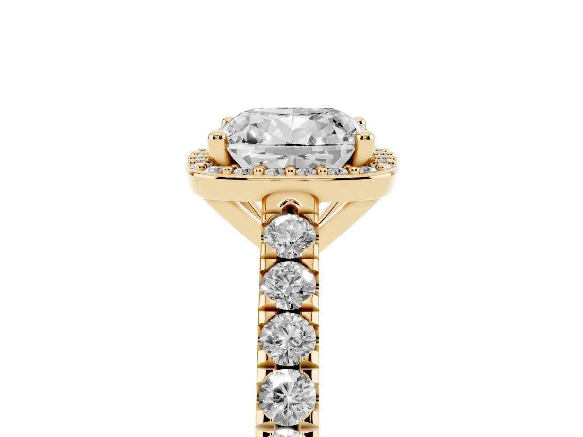 Cushion Cut Cut Halo Diamond Engagement Ring with Pave Band and Four-Prong Setting Yellow gold
