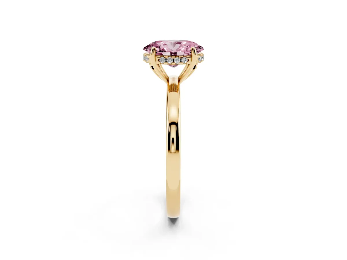 Fancy Pink Oval Cut Solitaire Diamond Ring with Prong Setting and Plain Band Yellow gold