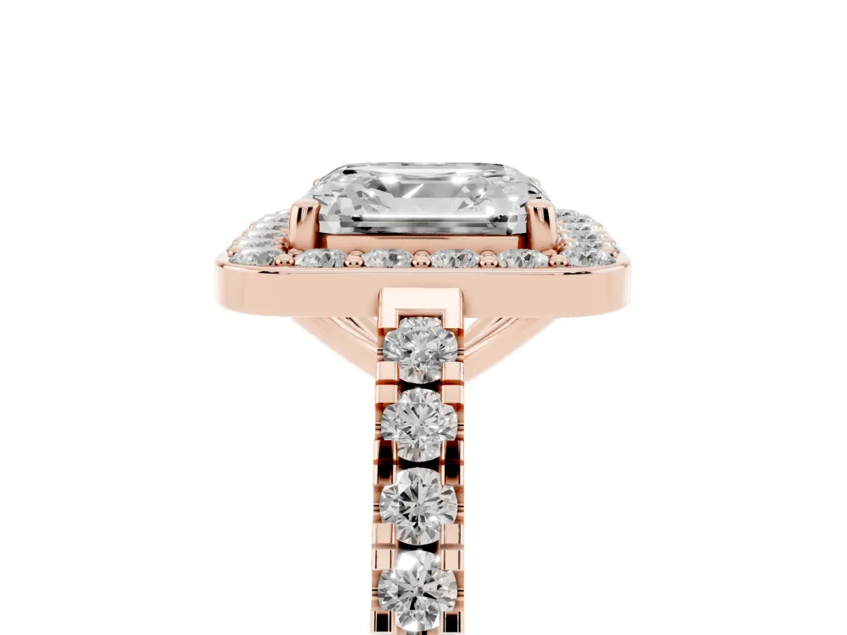 Asscher Cut Diamond Halo Ring with Round Pavé Split Shank and Prong Setting Rose gold