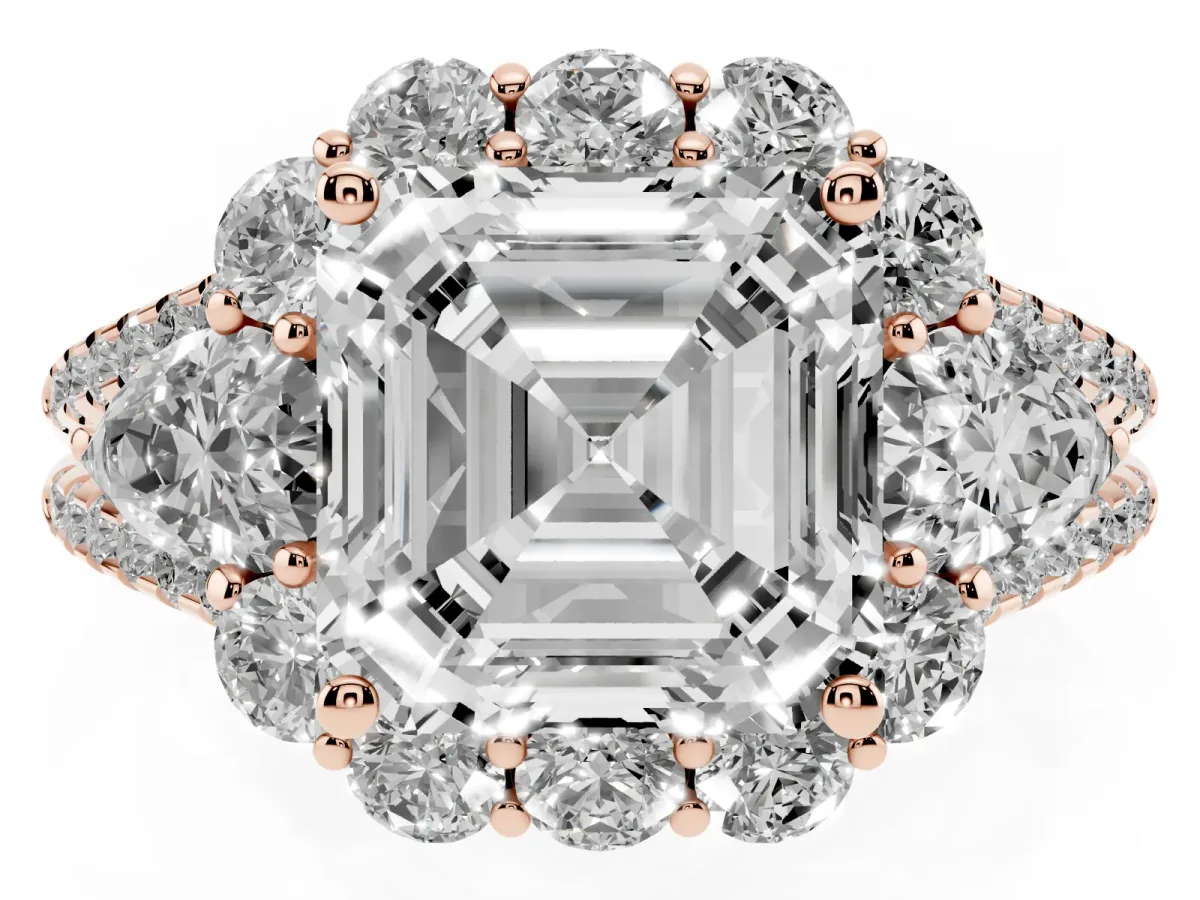 Asscher Cut Halo Split Shank Diamond Engagement Ring with Prong Setting Rose gold
