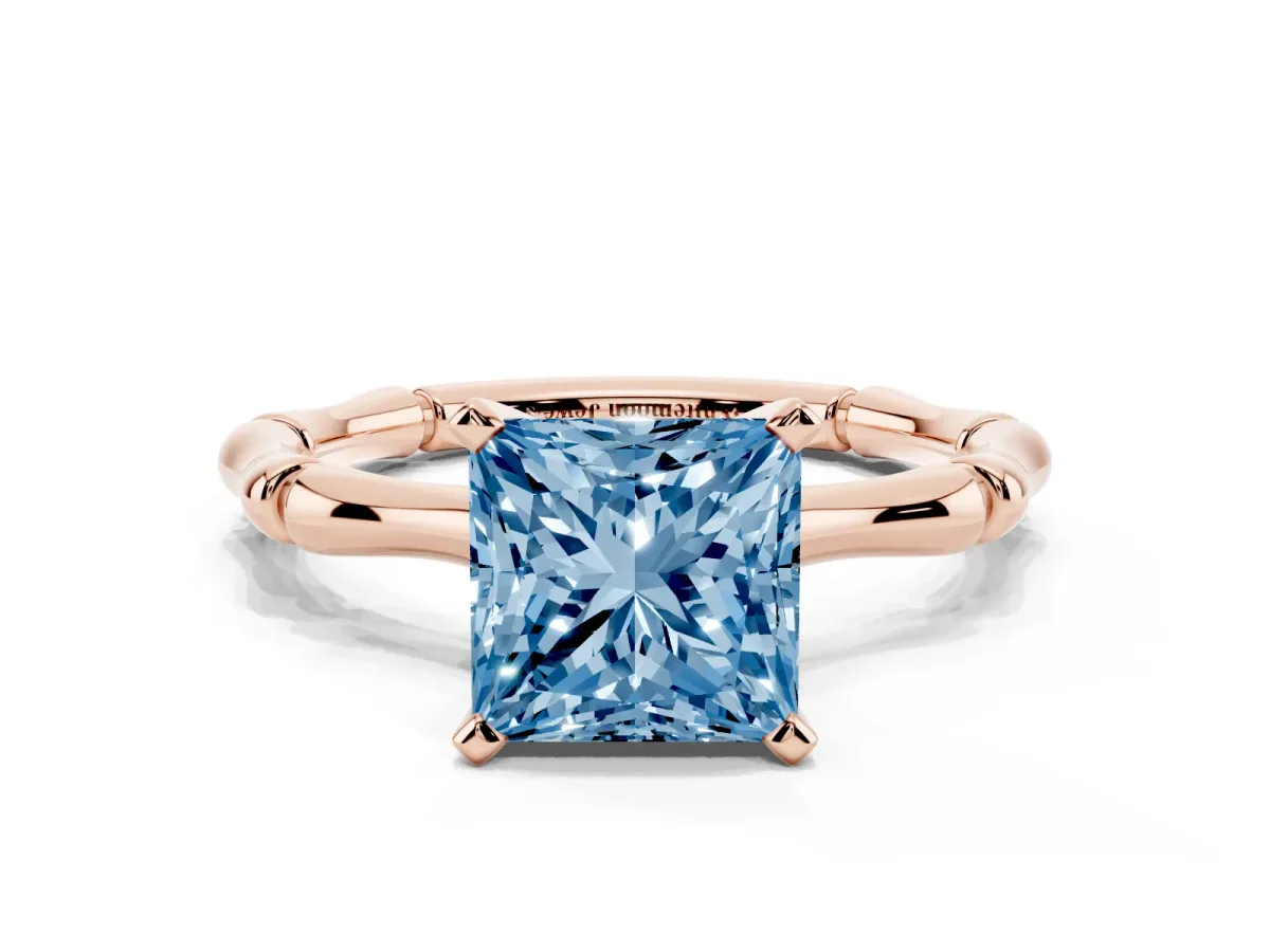 Fancy Blue Princess Cut Solitaire Diamond Ring with Bamboo Band and Four-Prong Setting Rose gold