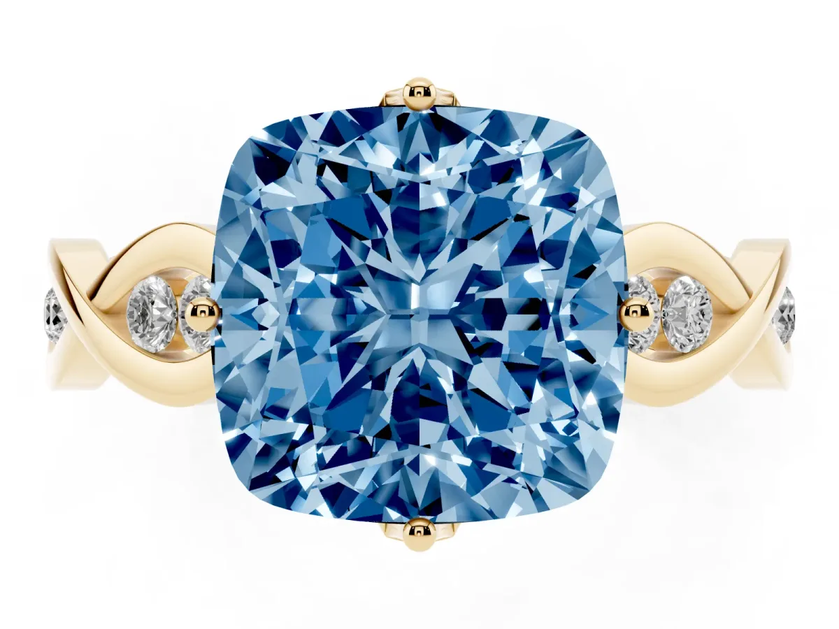 Fancy Blue Cushion Cut Solitaire Twist Band with Leaf Prong Setting Yellow gold