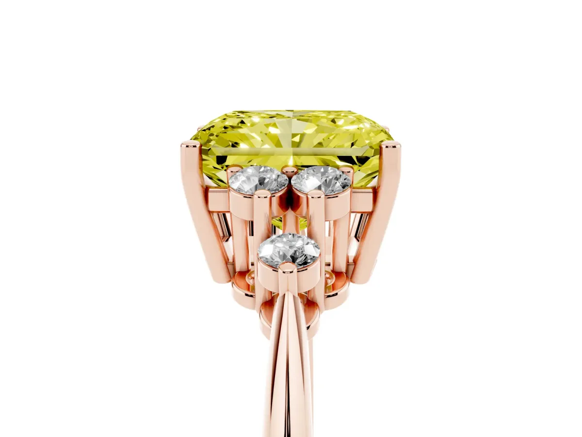 Fancy Yellow Radiant Cut Cut Diamond Cluster Ring with Solitaire Band and Four-Prong Setting Rose gold