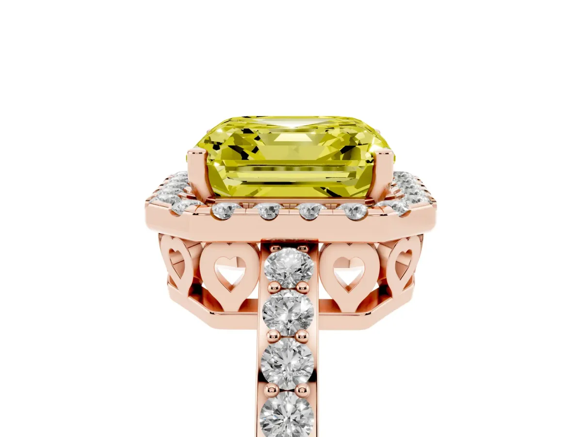 Fancy Yellow Asscher Cut Halo Diamond Pavé Band Ring with Prong Setting Rose gold