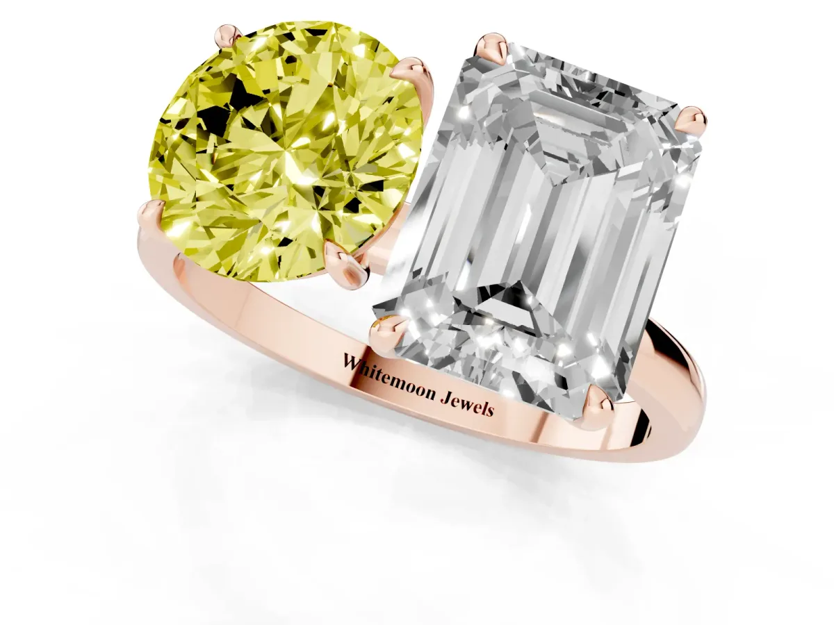 Fancy Yellow Round Cut and Emerald Cut Toi Moi Ring with Prong Setting Rose gold