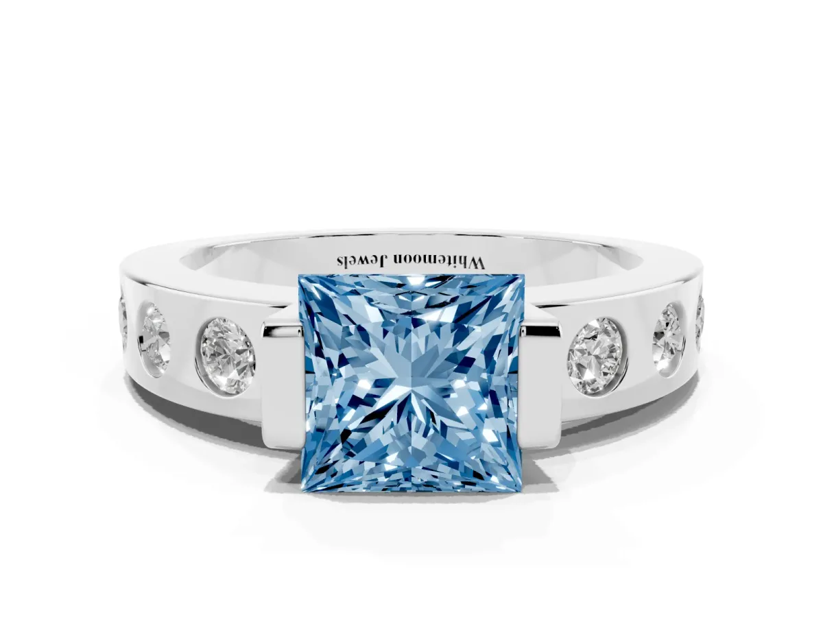 Fancy Blue Princess Cut Brilliant Channel-Set Diamond Ring with Bezel Prong Setting Silver