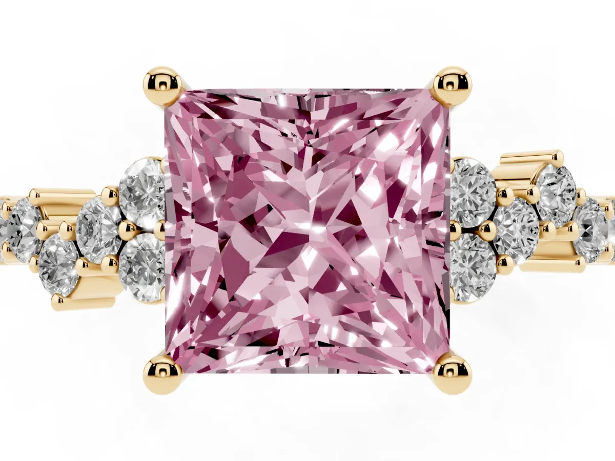 Fancy Pink Princess Cut Diamond Scattered Round Accent Ring with Prong Setting Yellow gold