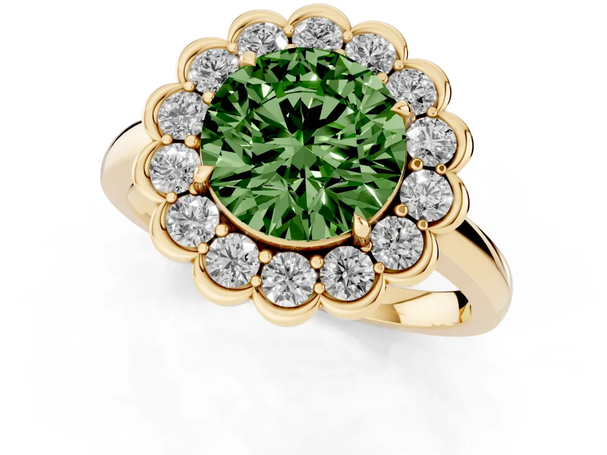Fancy Green Round Cut Halo Cluster Diamond Engagement Ring with Solitaire Band and Prong Setting Yellow gold