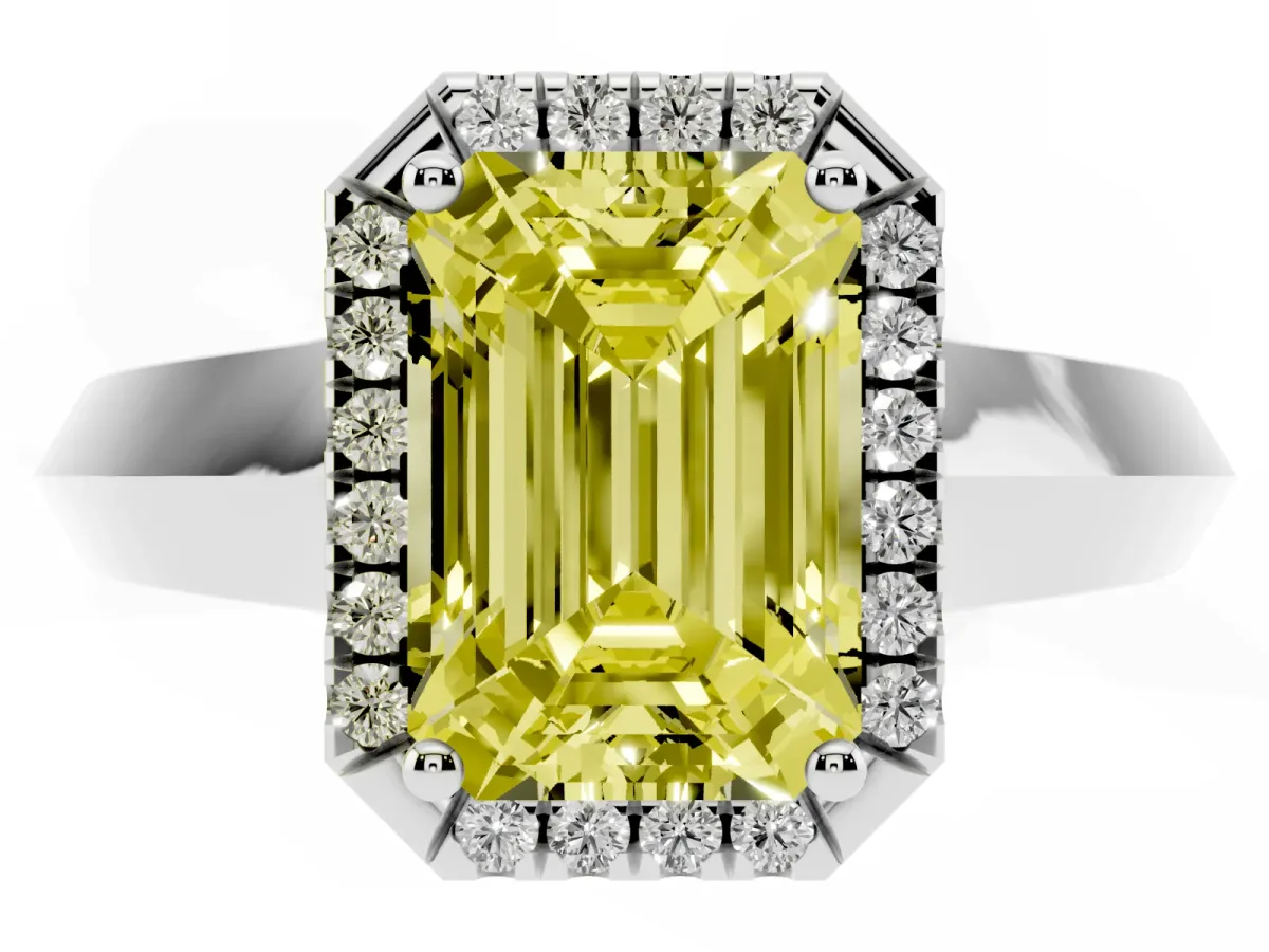 Fancy Yellow Emerald Cut Halo Diamond Ring with Cathedral Band and Four-Prong Setting White gold