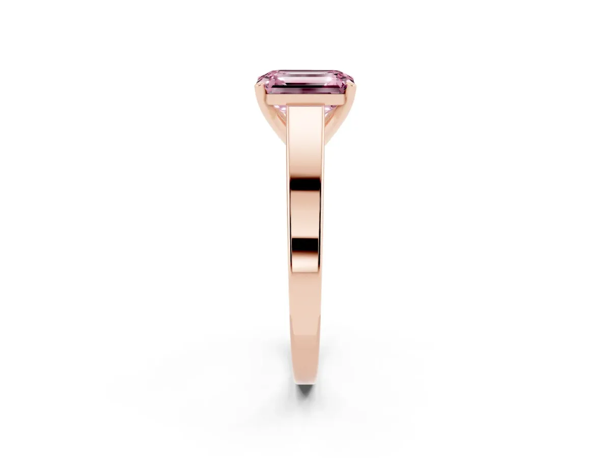 Fancy Pink Emerald Cut Solitaire Engagement Ring with Four-Prong Setting and Tapered Band Rose gold