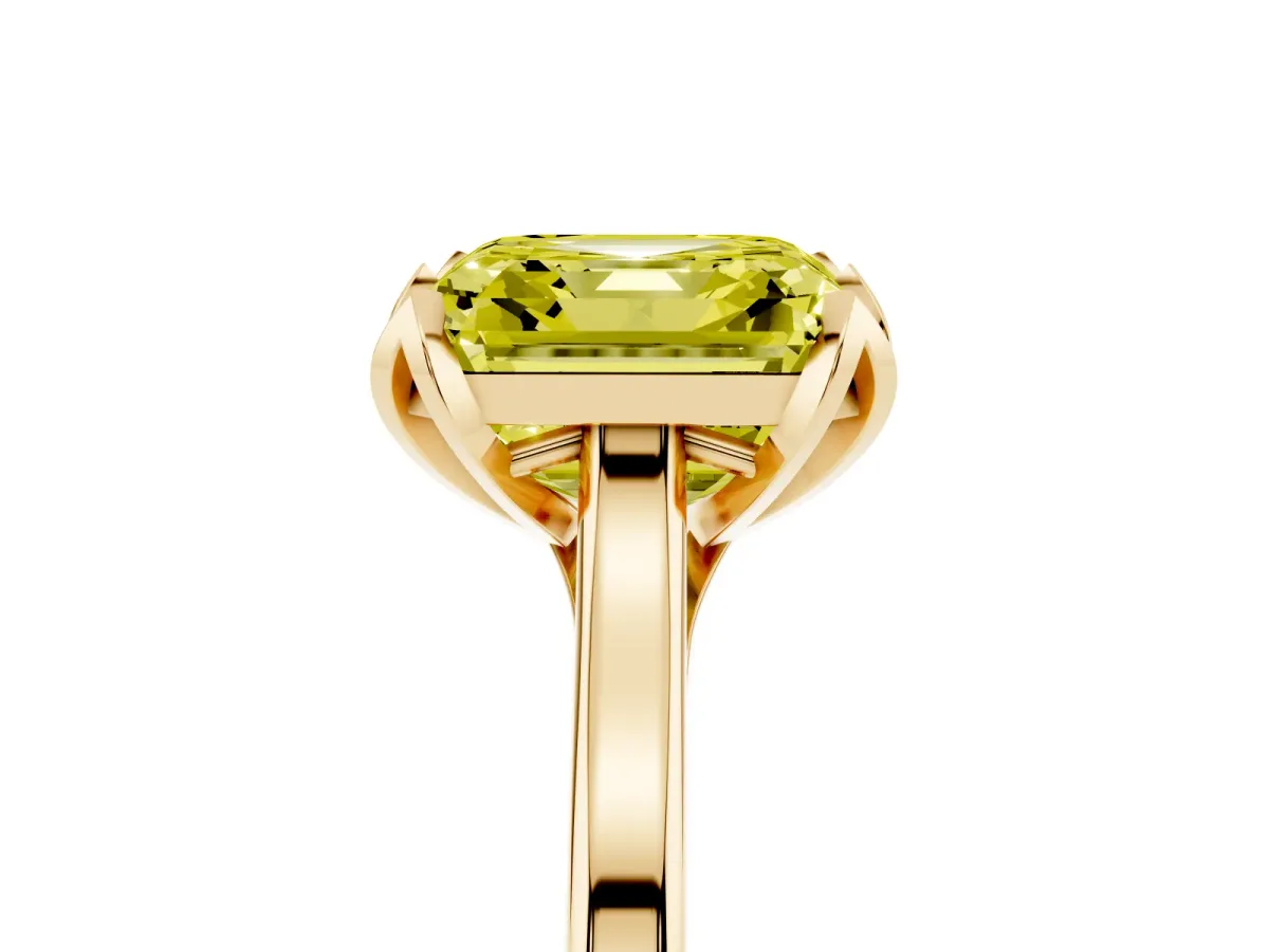 Fancy Yellow Asscher Cut Diamond Solitaire Ring with Flower Prong Setting and Classic Band Yellow gold