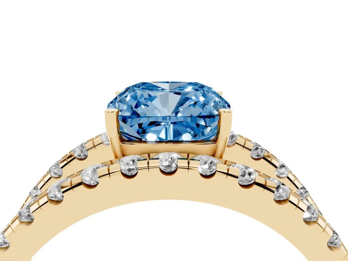 Fancy Blue Cushion Cut Solitaire Split Shank Pave Diamond Ring Yellow gold