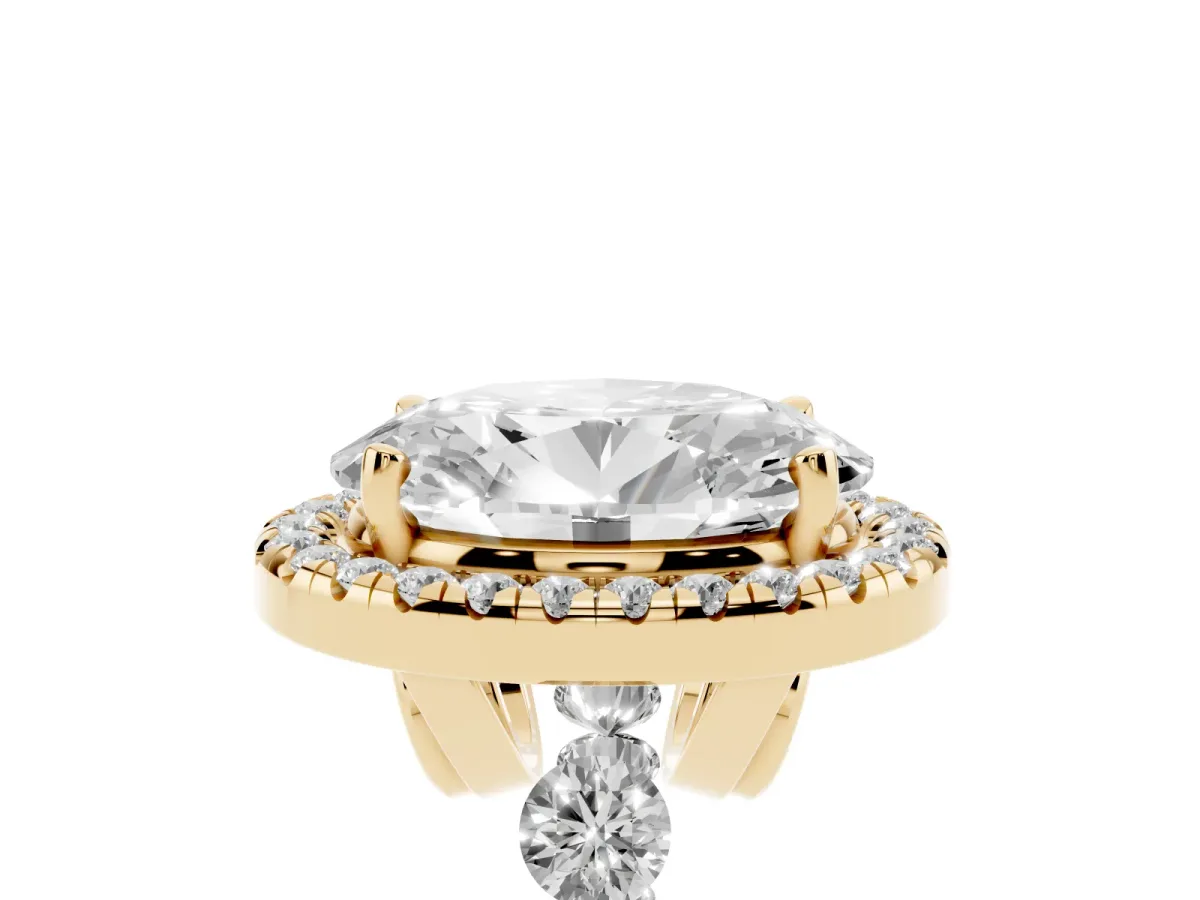 Oval Cut Halo Pavé Diamond Engagement Ring with Four-Prong Setting Yellow gold