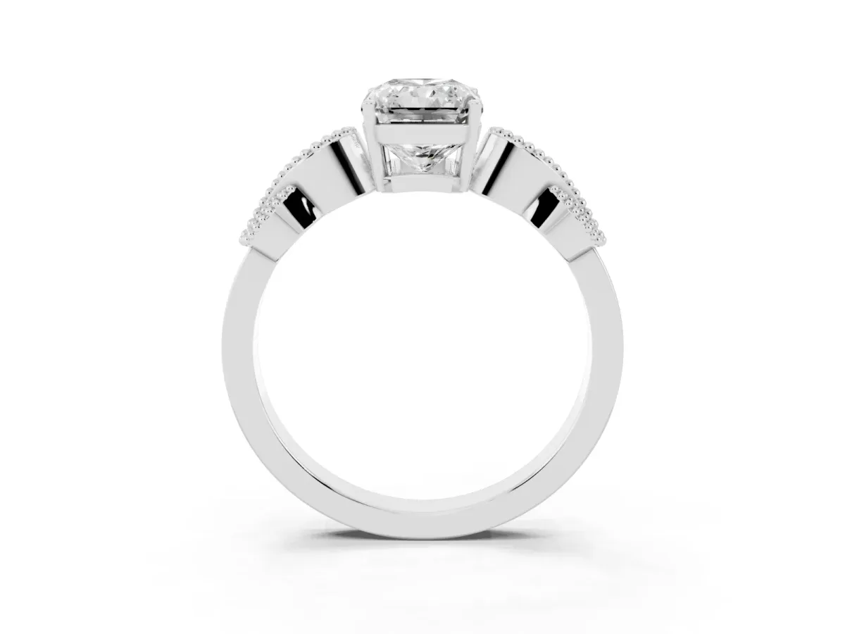 Radiant Cut Solitaire Milgrain Leaf Band with Prong Setting White gold