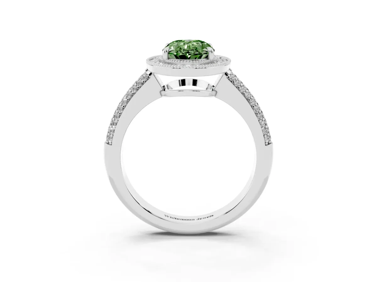 Fancy Green Oval Cut Cut Halo Diamond Pave Band with Four-Prong Setting Silver