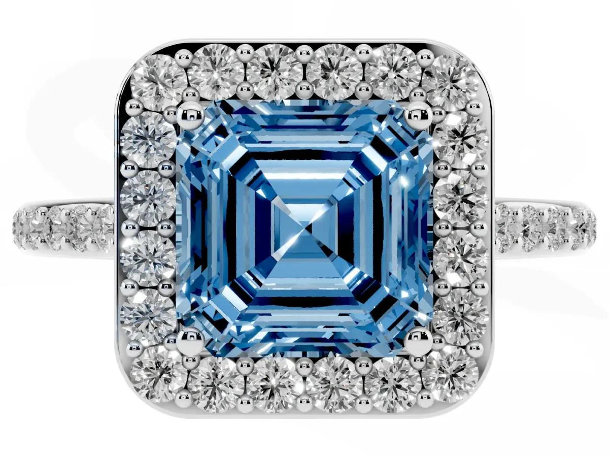 Fancy Blue Asscher Cut Diamond Halo Engagement Ring with Round Pavé Shoulders and Prong Setting Platinum