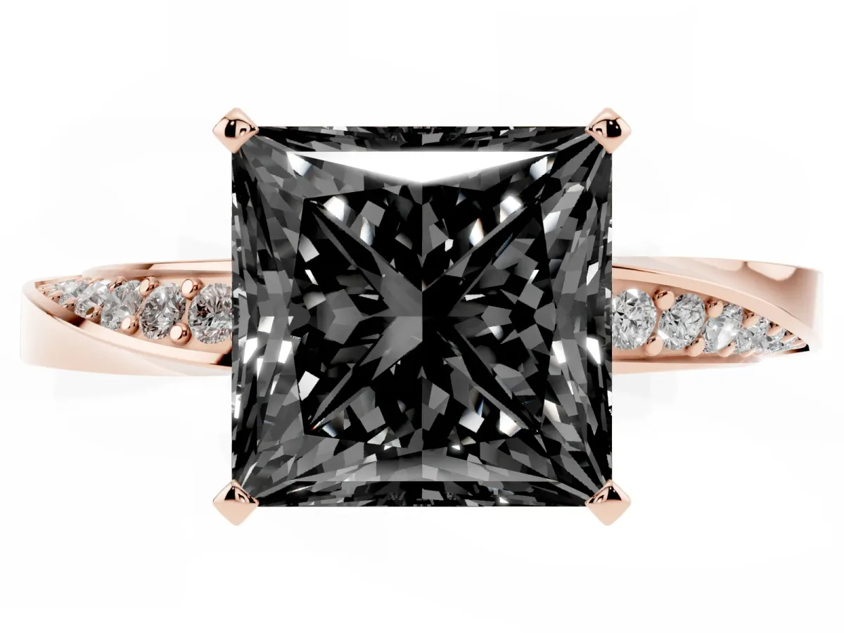 Fancy Black Princess Cut Diamond Engagement Ring with Side Stone Accents and Four-Prong Setting Rose gold