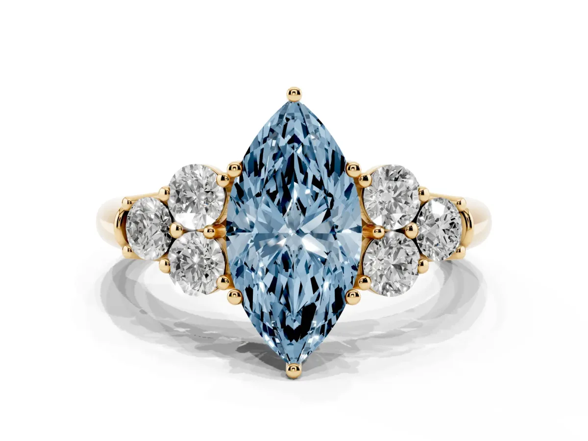 Fancy Blue Marquise Cut Cut Diamond Cluster Ring with Round Accent Stones and Prong Setting on a Classic Band Yellow gold