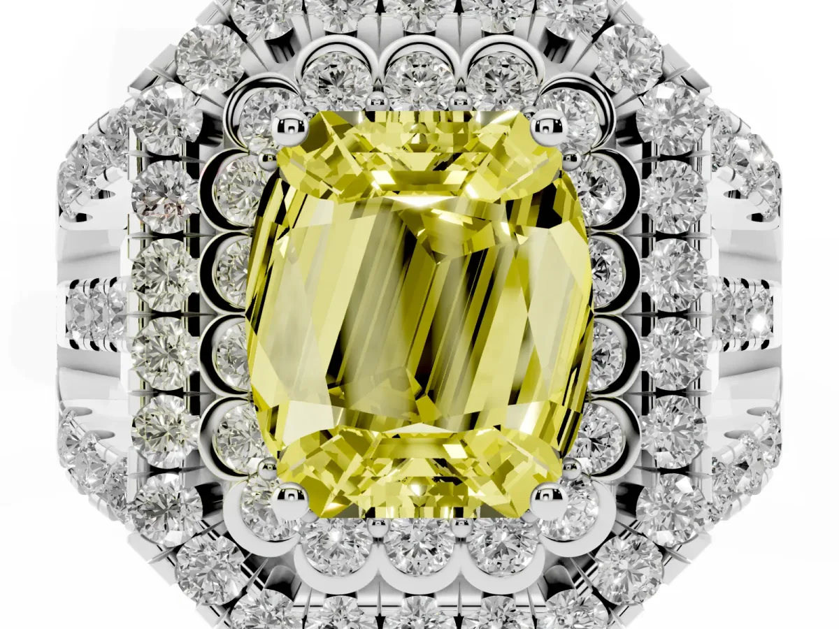 Fancy Yellow Emerald Cut Diamond Double Halo Ring with Round Pavé Split Shank and Prong Setting Silver