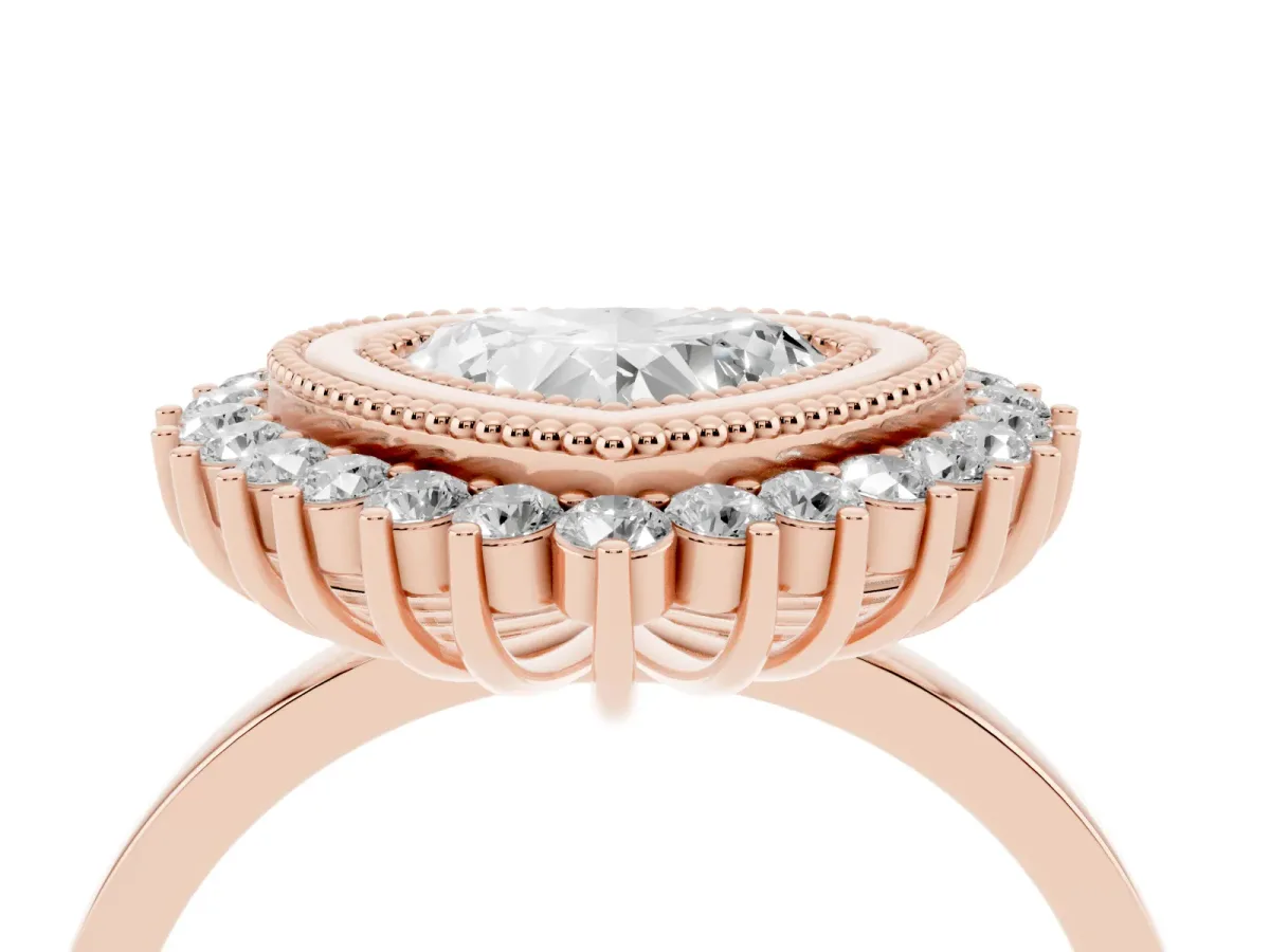Heart Cut Halo Diamond Ring with Milgrain Edge and Round Prong Setting Rose gold