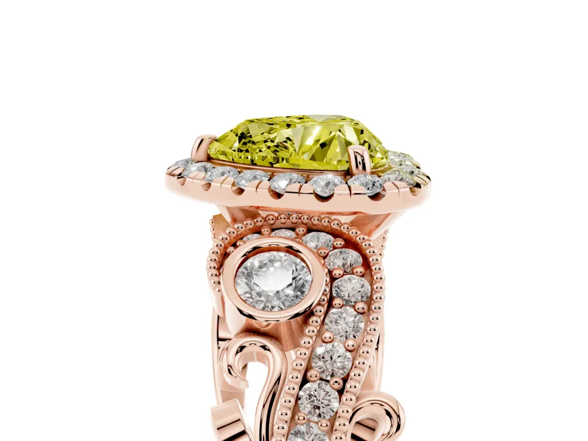 Fancy Yellow Heart Cut Halo Diamond Ring with Milgrain and Bezel Accents on a Split Shank Band Rose gold
