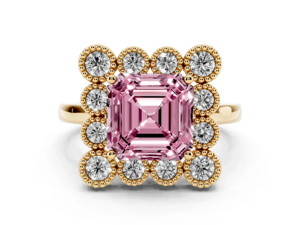 Fancy Pink Asscher Cut Halo Diamond Cluster Engagement Ring with Milgrain Bezel Setting and Solitaire Band Yellow gold