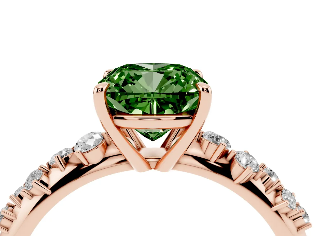 Fancy Green Cushion Cut Diamond Cluster Side Stone Solitaire Ring with Prong Setting Rose gold
